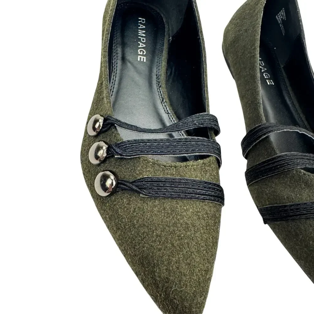 Rampage Safari Green Wool Strappy Button Pointed Toe Flats Sz 8.5 Comfort Trendy